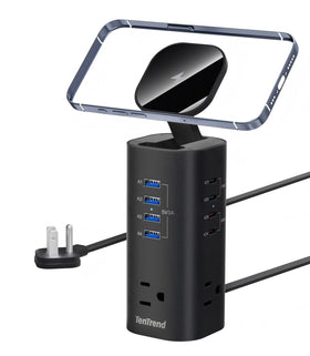 TenTrend front view showing three AC outlets and eight USB ports for versatile charging