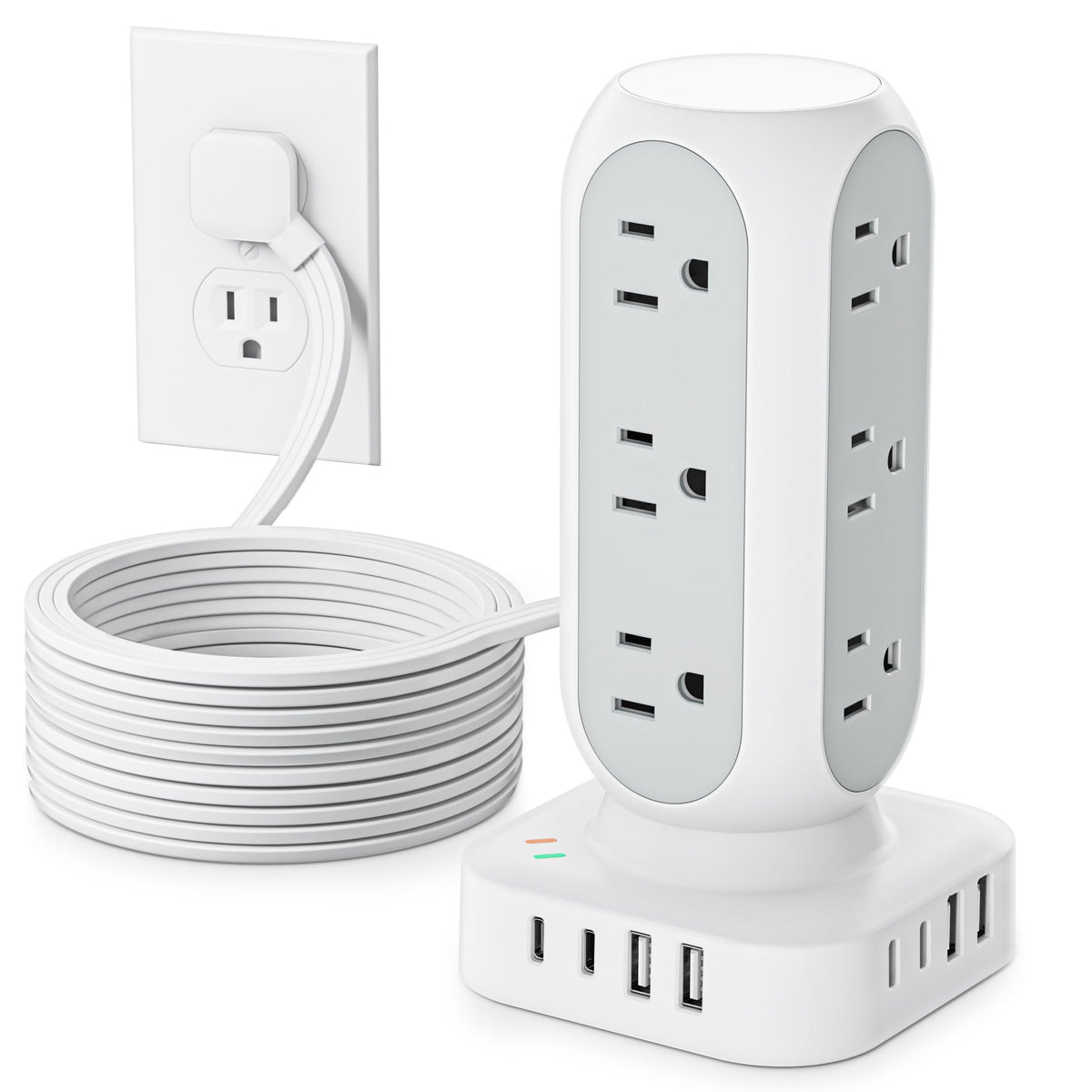 TenTrend tower front view showing outlets and compact footprint for organized charging