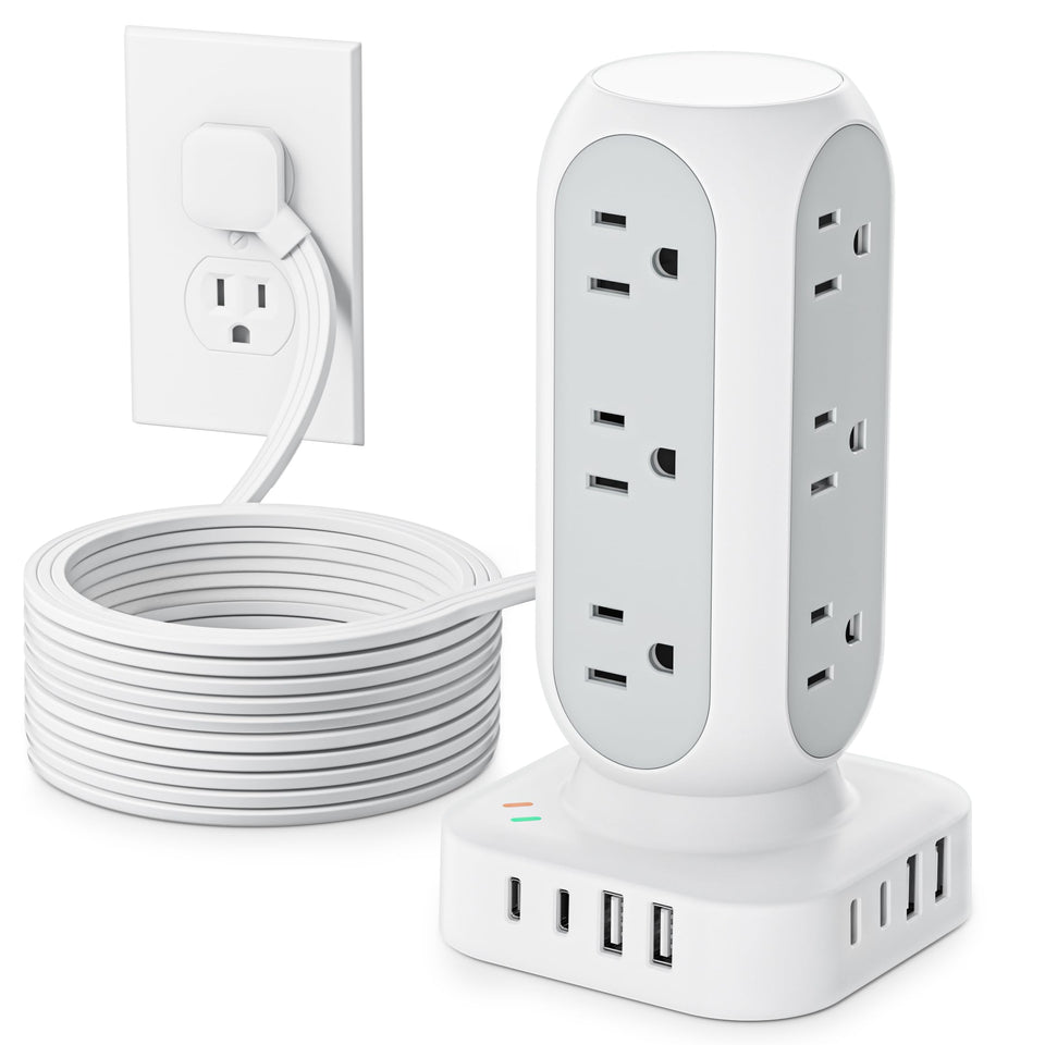 TenTrend tower front view showing outlets and compact footprint for organized charging