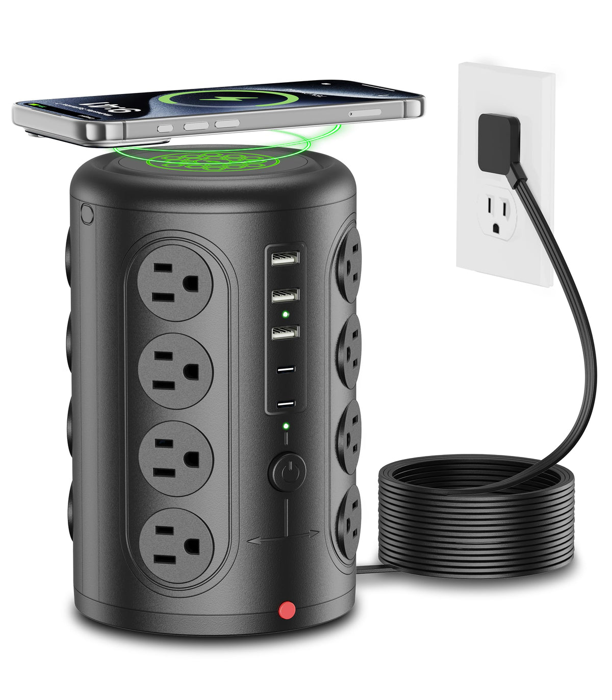 TenTrend power strip tower front view showing all outlets and USB ports for versatile charging