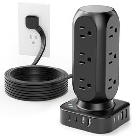 TenTrend tower front view showing 12 AC outlets and 8 USB ports for organized charging