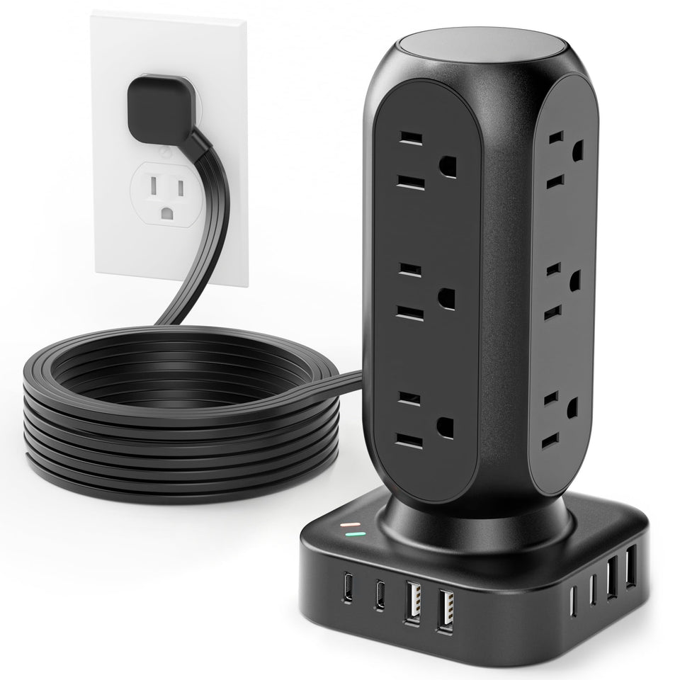 TenTrend tower front view showing 12 AC outlets and 8 USB ports for organized charging