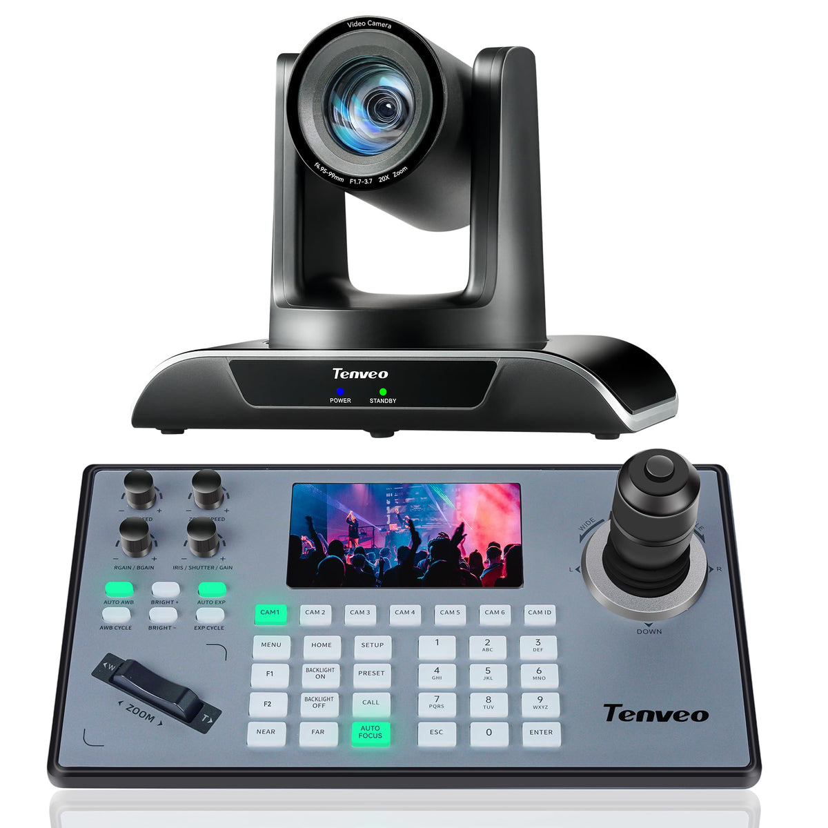 Tenveo PTZ camera with 20x AI auto-tracking for steady live streaming.