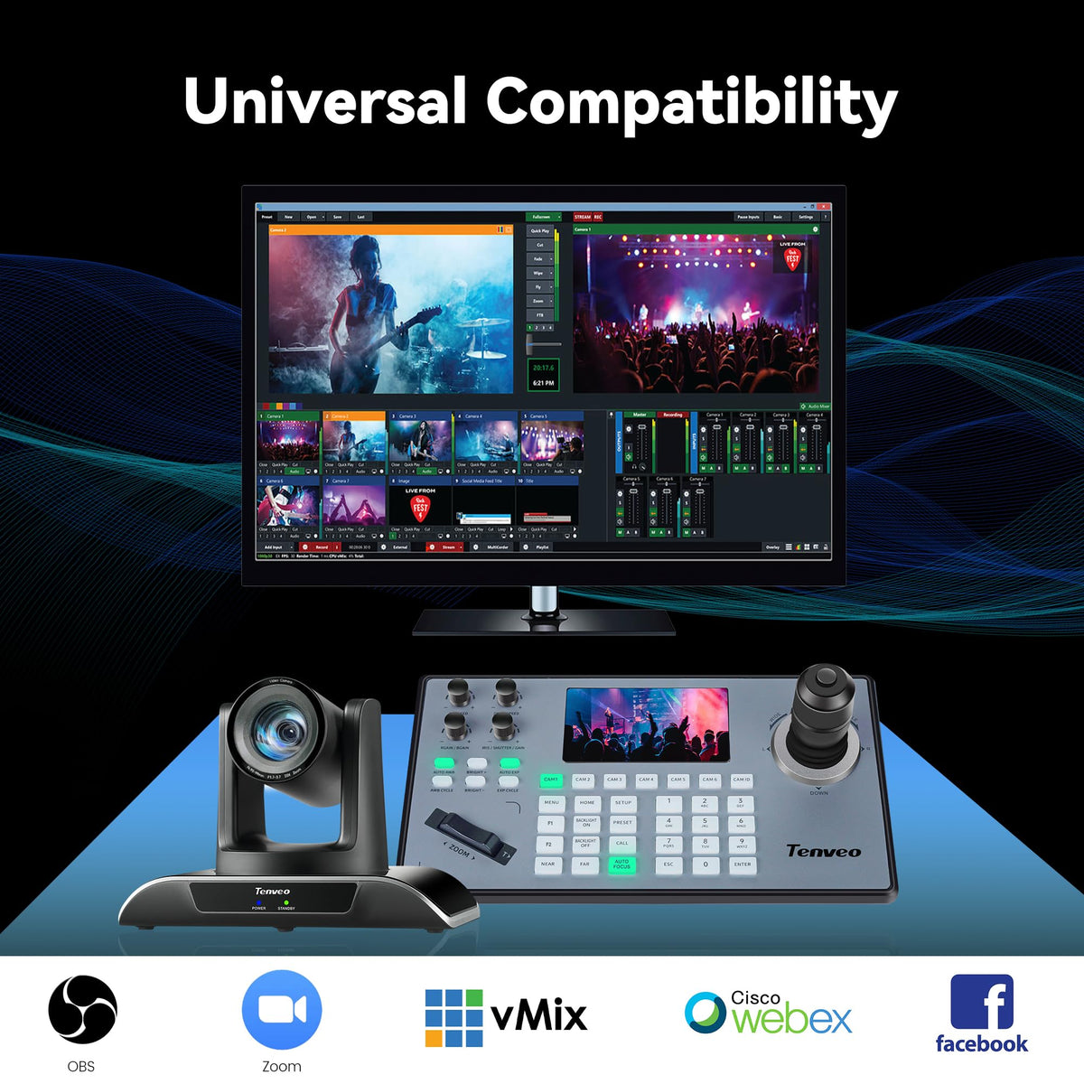 Tenveo universal compatibility with OBS, Zoom, Teams, and more.
