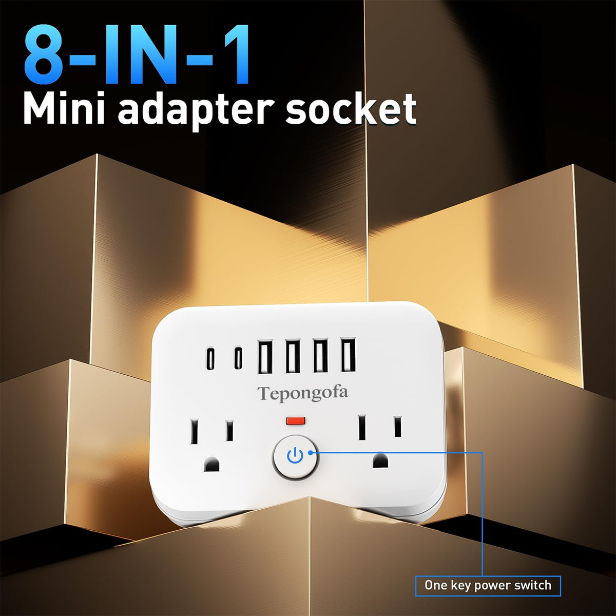 Tepongofa closeup of two AC outlets and six USB ports for flexible connectivity