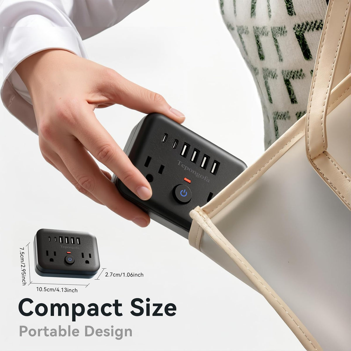 Tepongofa plugged into wall outlet behind furniture for neat cable-free setup