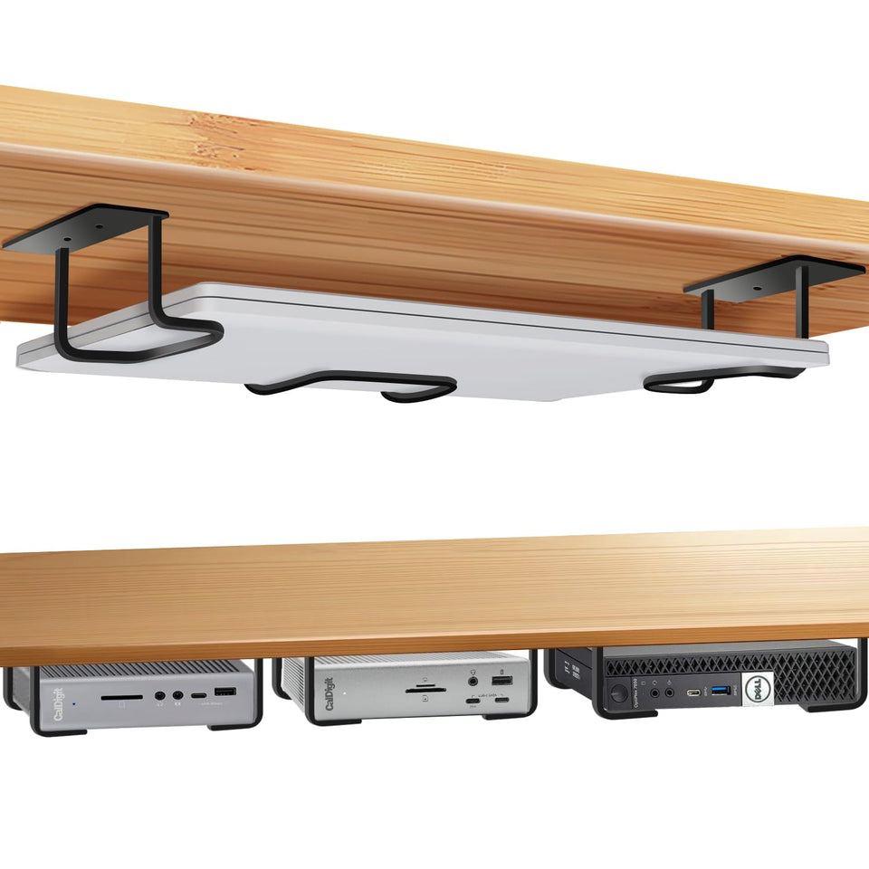 Teridokor front view of under-desk mount showing secure hold and neat storage