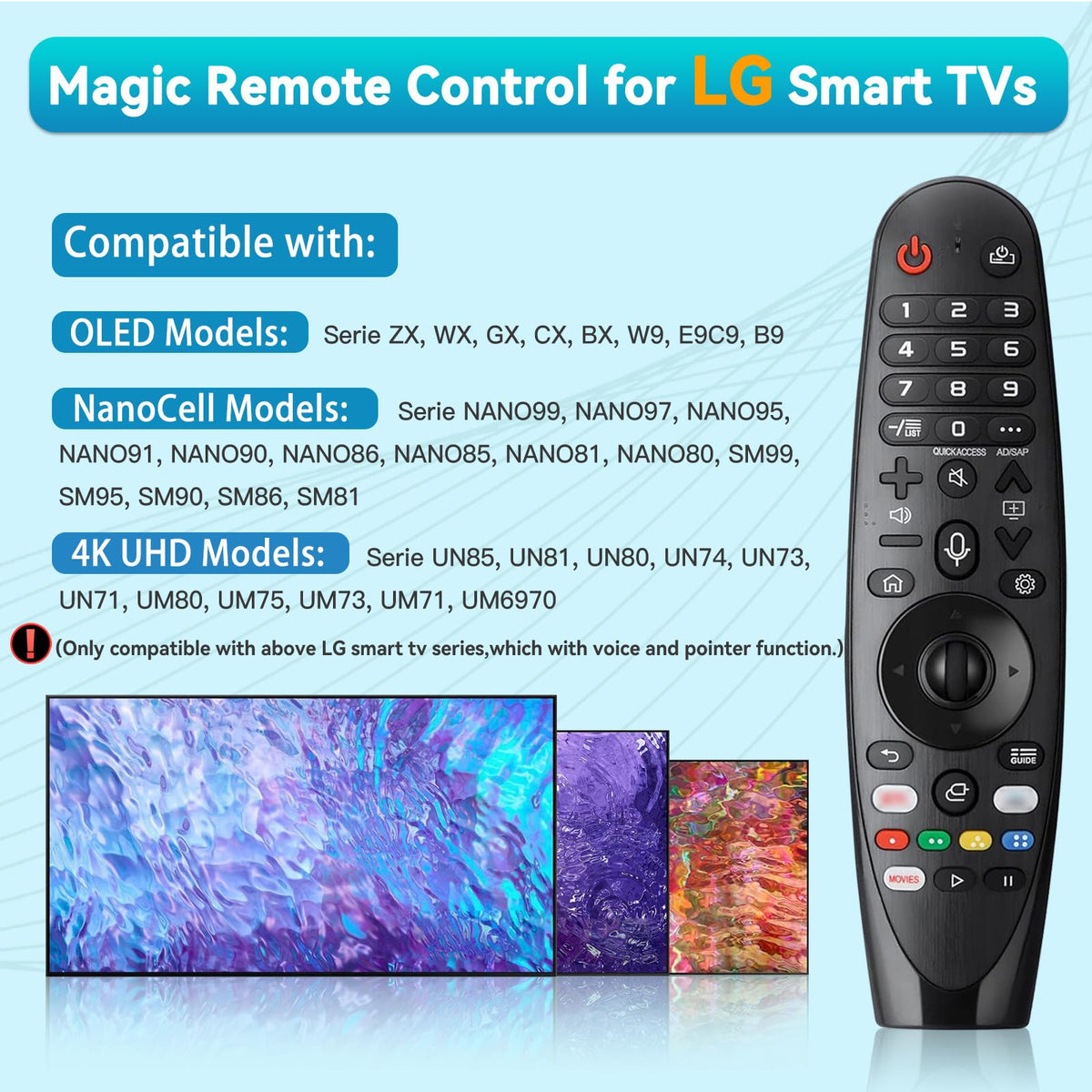 Terloogee LG remote with pointer function for precise on-screen navigation.