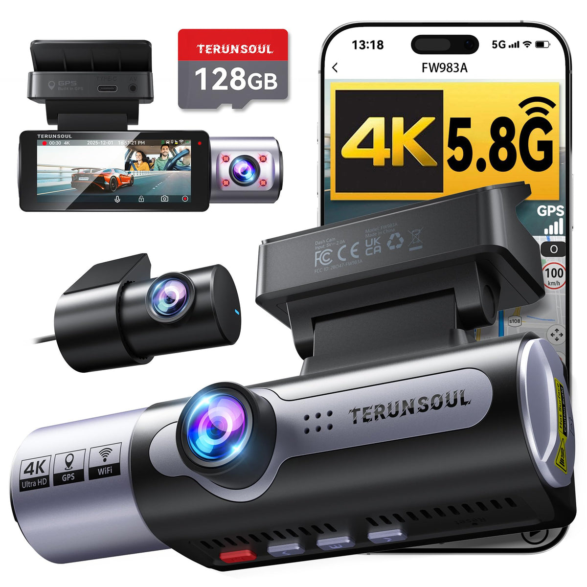TERUNSOUl 4K front camera captures crystal road details for safer driving.