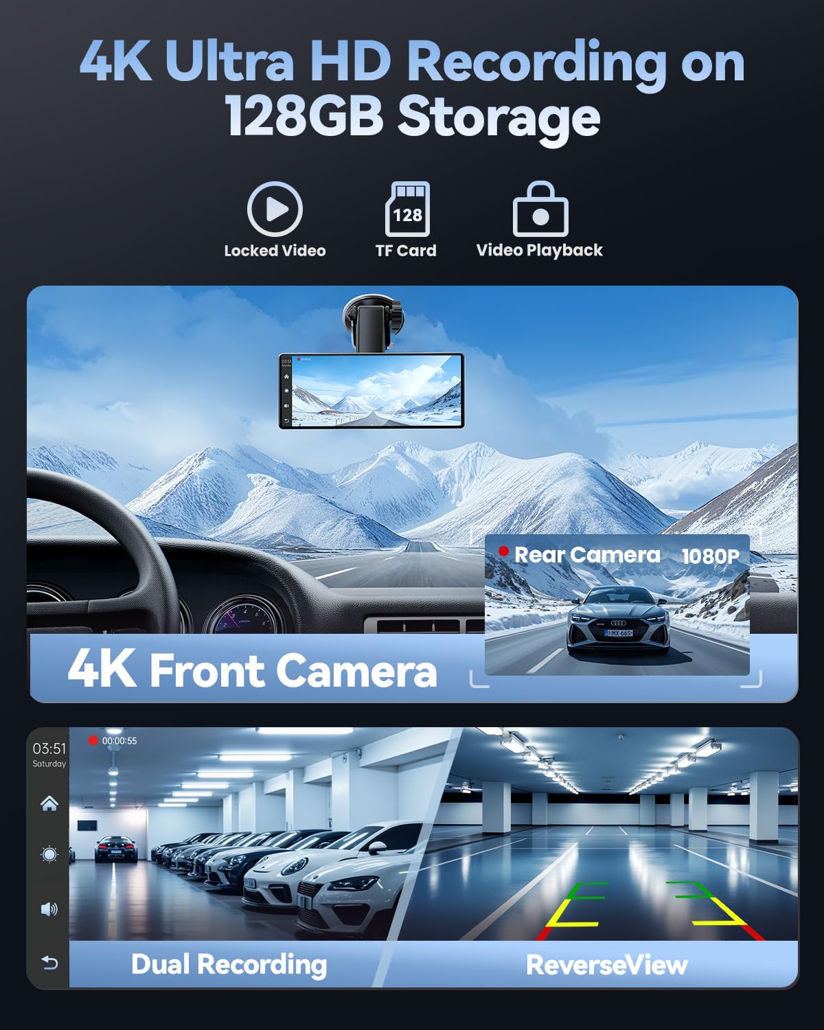 TERUNSOUl 4K dash cam records on loop with 128GB card for road footage