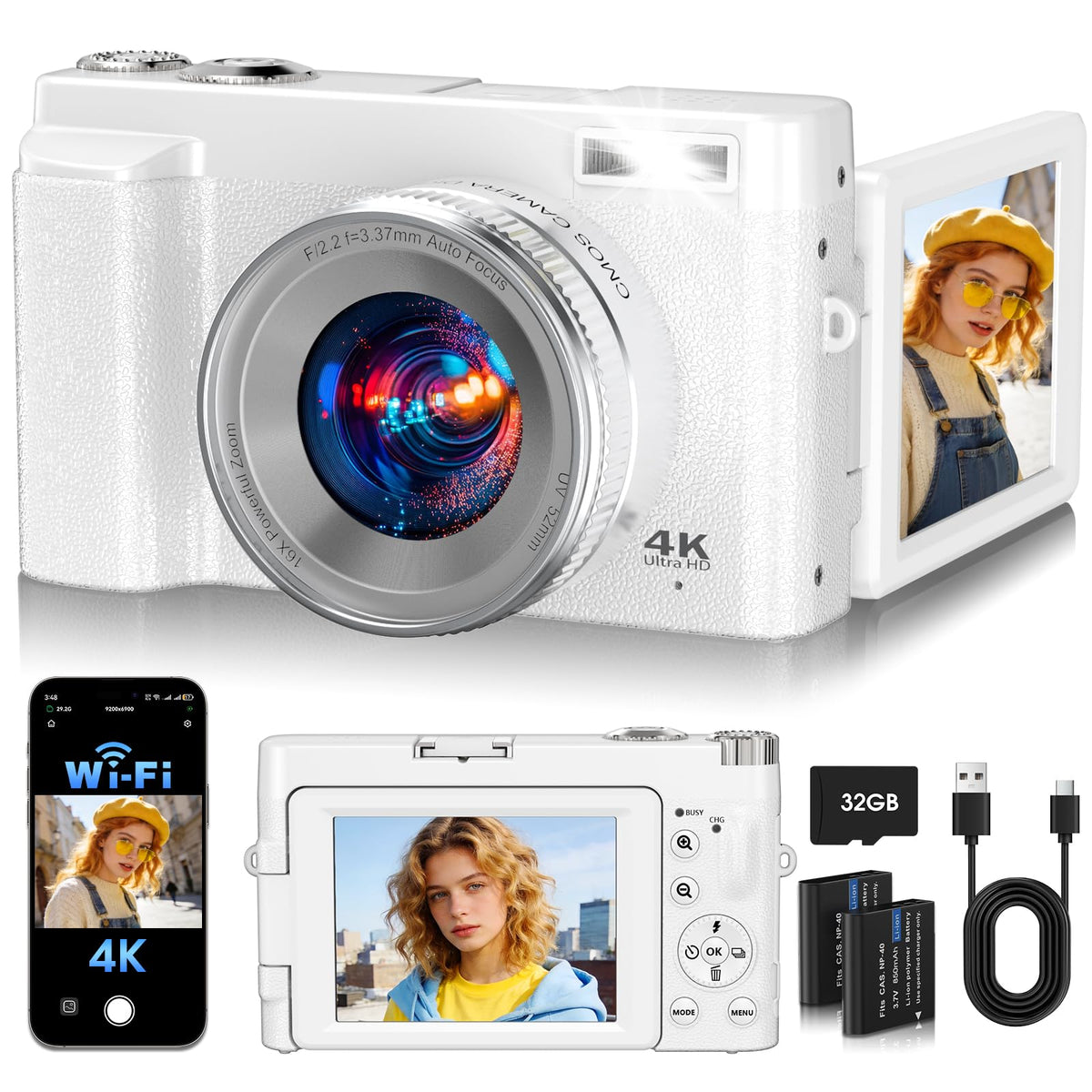 TESFOT 64MP camera front view shows a compact design for on-the-go shooting.