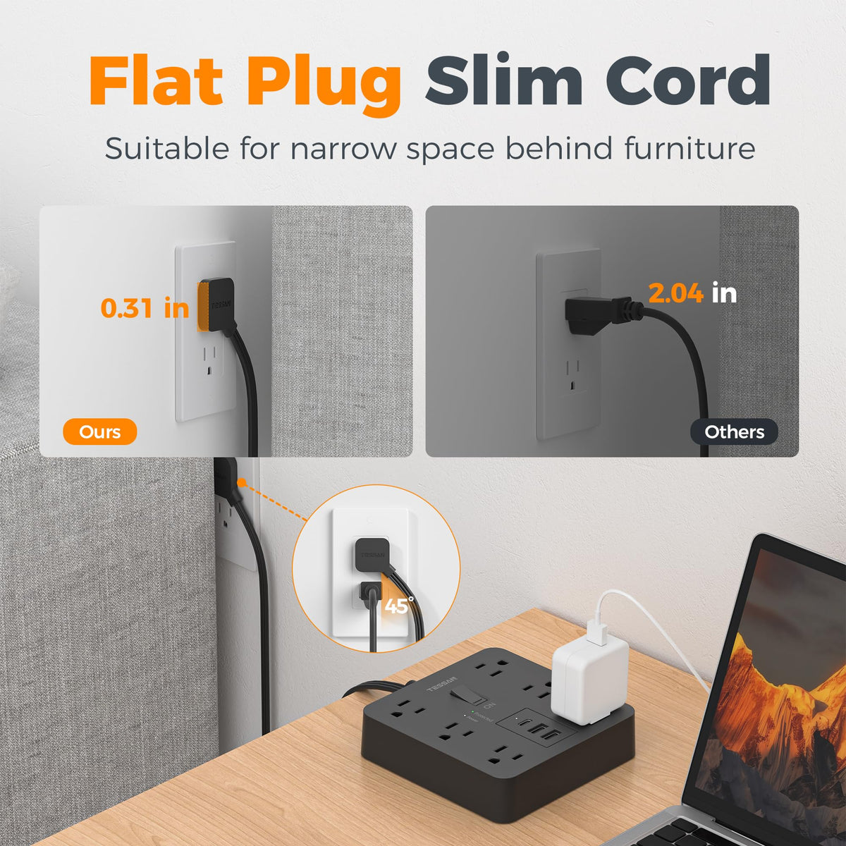 TESSAN 10ft cord stretched across floor, extended reach for distant outlets