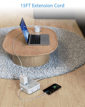 TESSAN long 15ft cord stretched across a room to reach distant wall outlets