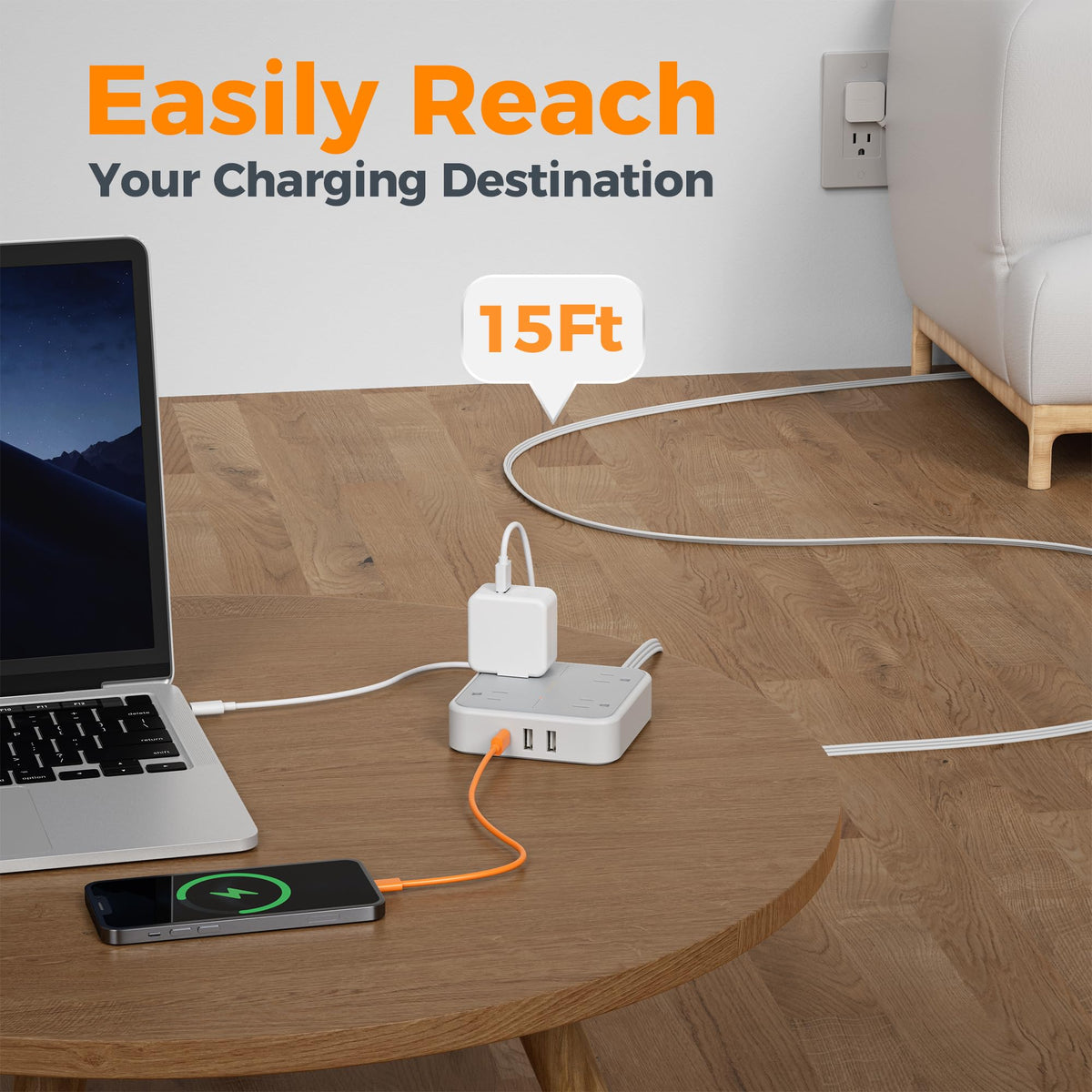 TESSAN 15ft cord stretched across room, long reach reduces need for extra extension cords