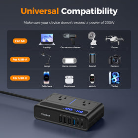Compact design of the TESSAN 200W inverter with extension cord for placement