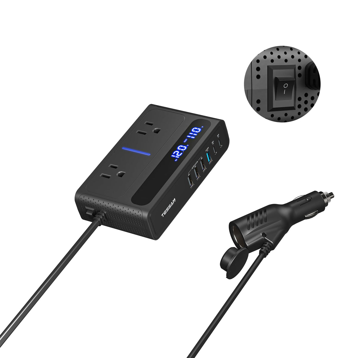 TESSAN 200W car inverter front view ready for travel and charging