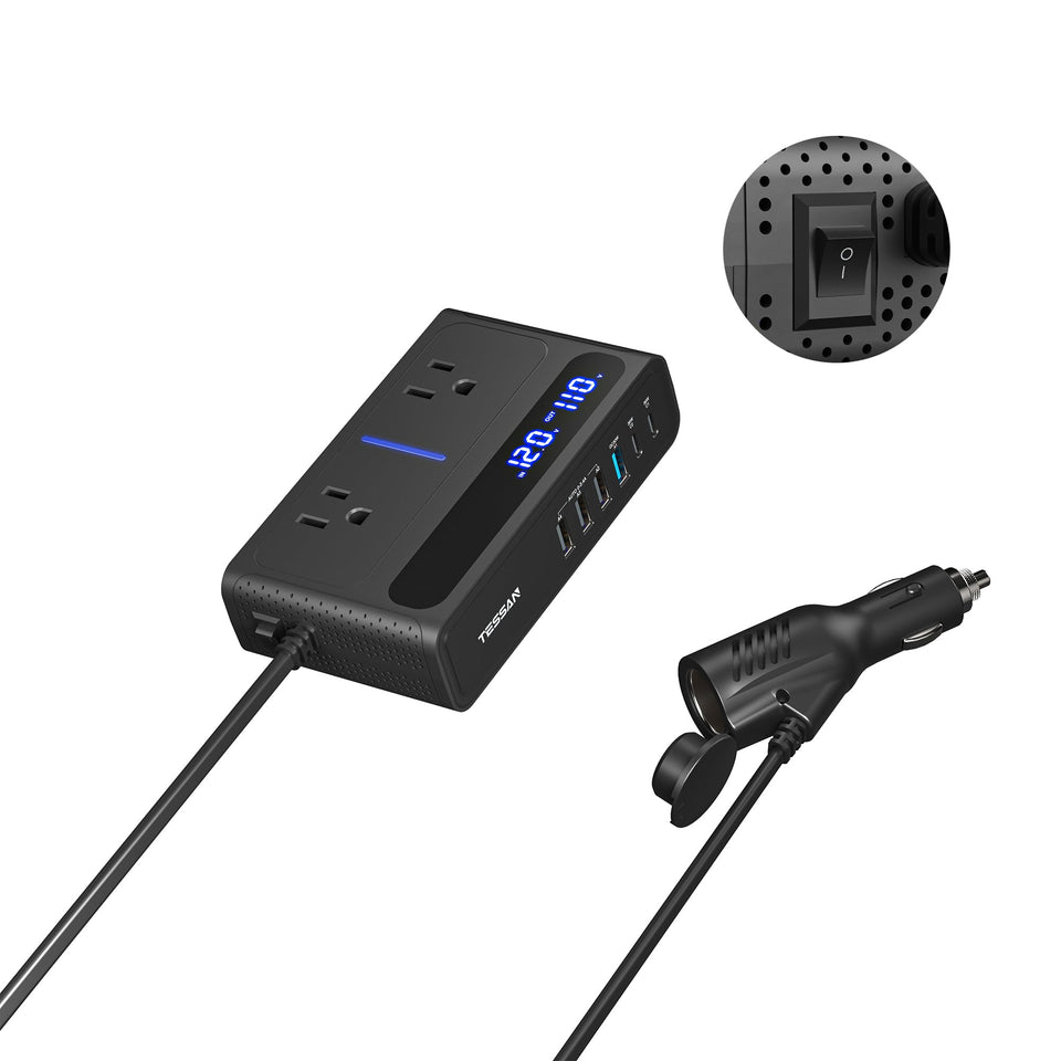 TESSAN 200W car inverter front view ready for travel and charging