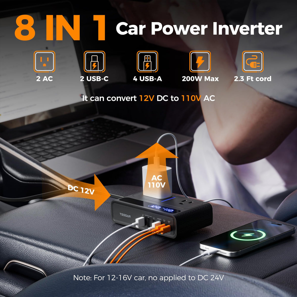 USB ports on the TESSAN inverter charging multiple devices with PD fast charging