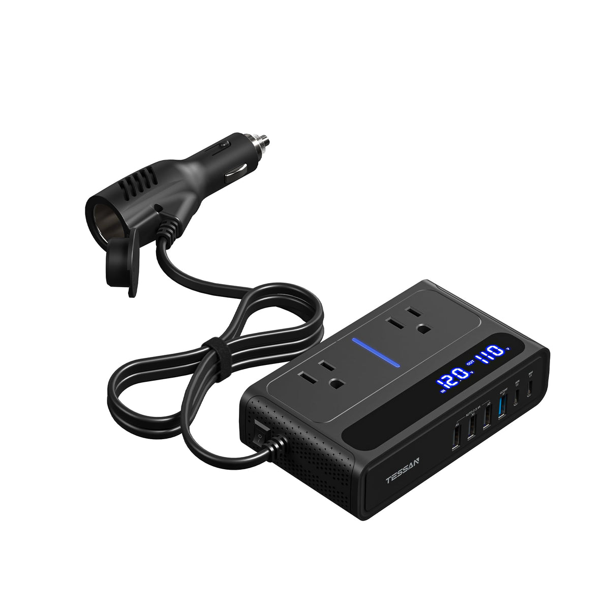 TESSAN 200W car power inverter front view showing dual outlets for on-the-road charging
