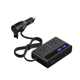 TESSAN 200W car power inverter front view showing dual outlets for on-the-road charging