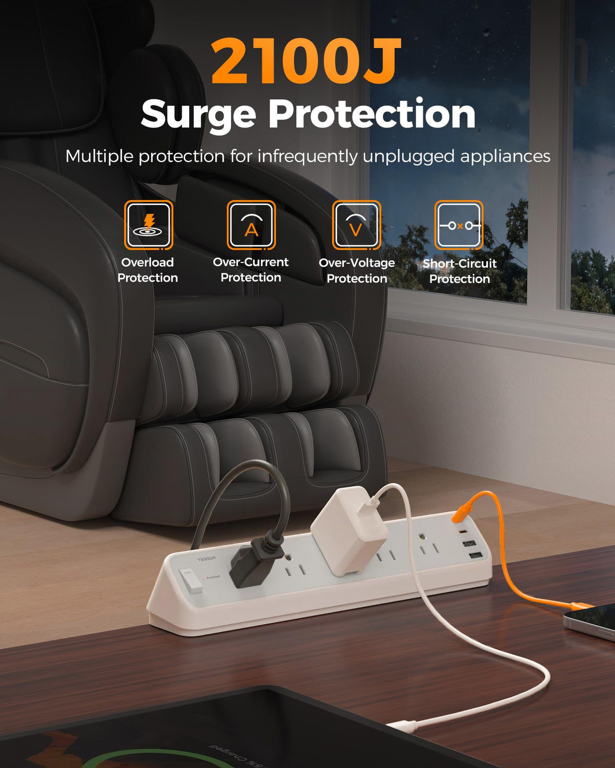 TESSAN 2100J surge protector shields devices from power spikes