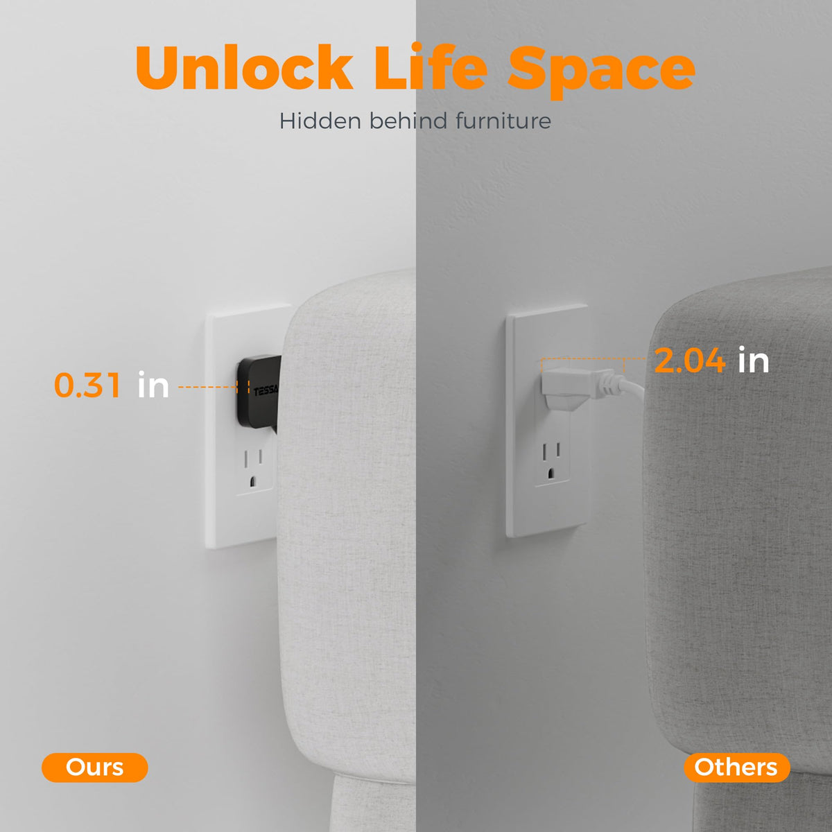 TESSAN 45-degree design keeps plugs accessible without blocking others.