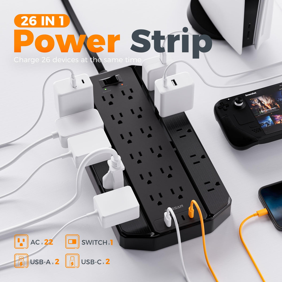 TESSAN USB-C and USB-A ports simplify multi-device charging at the desk.