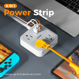 TESSAN flat power strip showing three outlets and three USB ports for organized charging