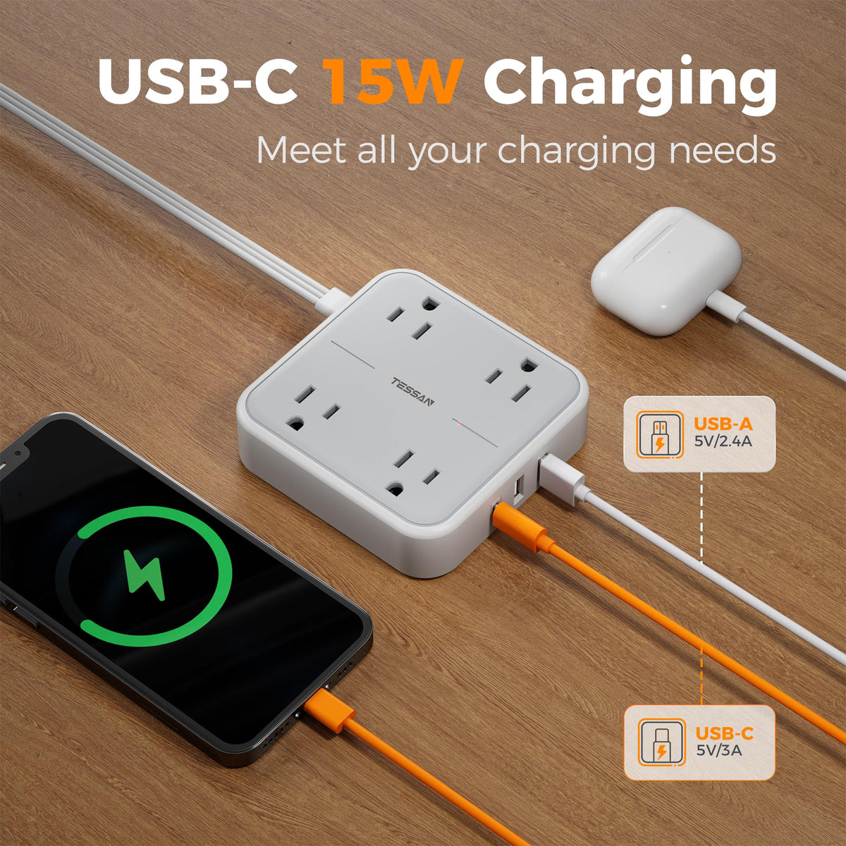 TESSAN 4 AC outlets top view with grounded sockets, organize multiple appliances safely