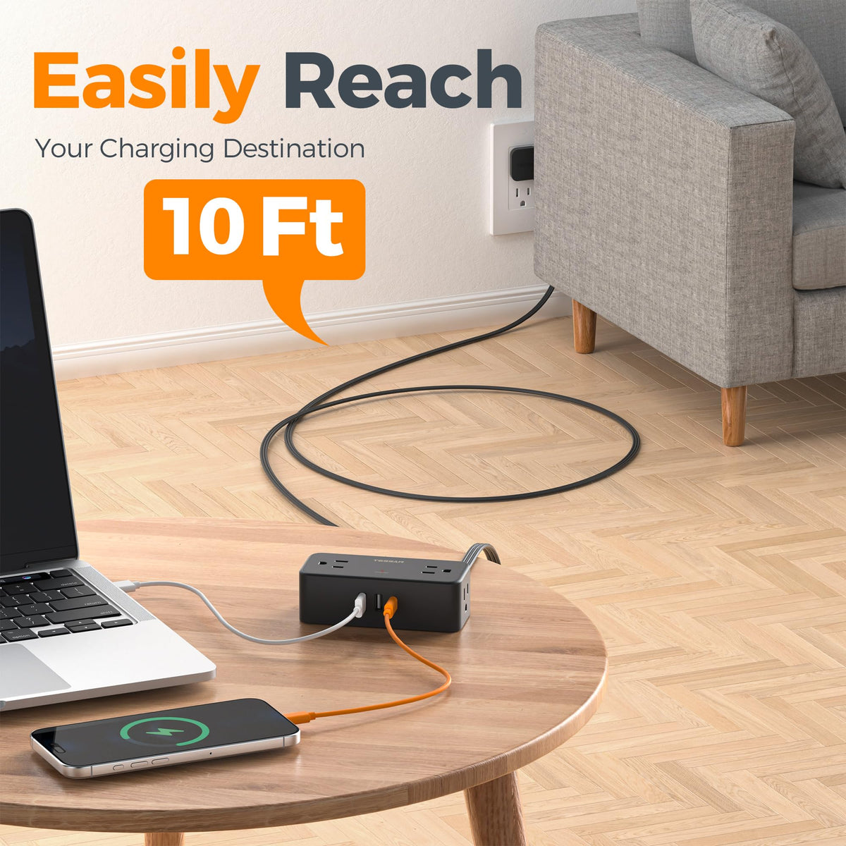 TESSAN 4-outlet power strip with USB-C and USB-A for simultaneous charging.