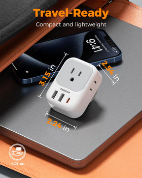 TESSAN adapter showing 4 outlets and 3 USB ports for simultaneous charging