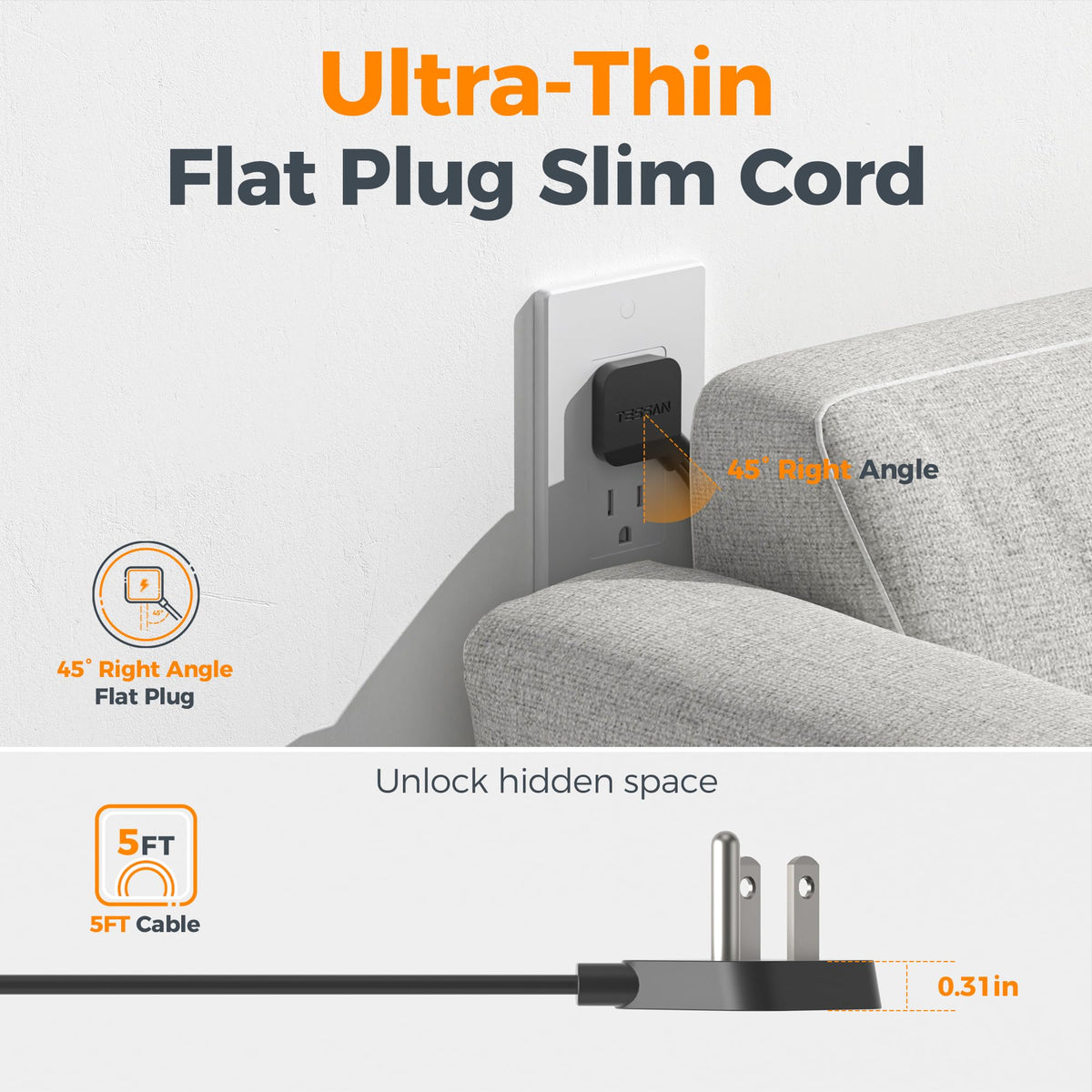 5-foot cord length provides flexible reach across desks and beds.