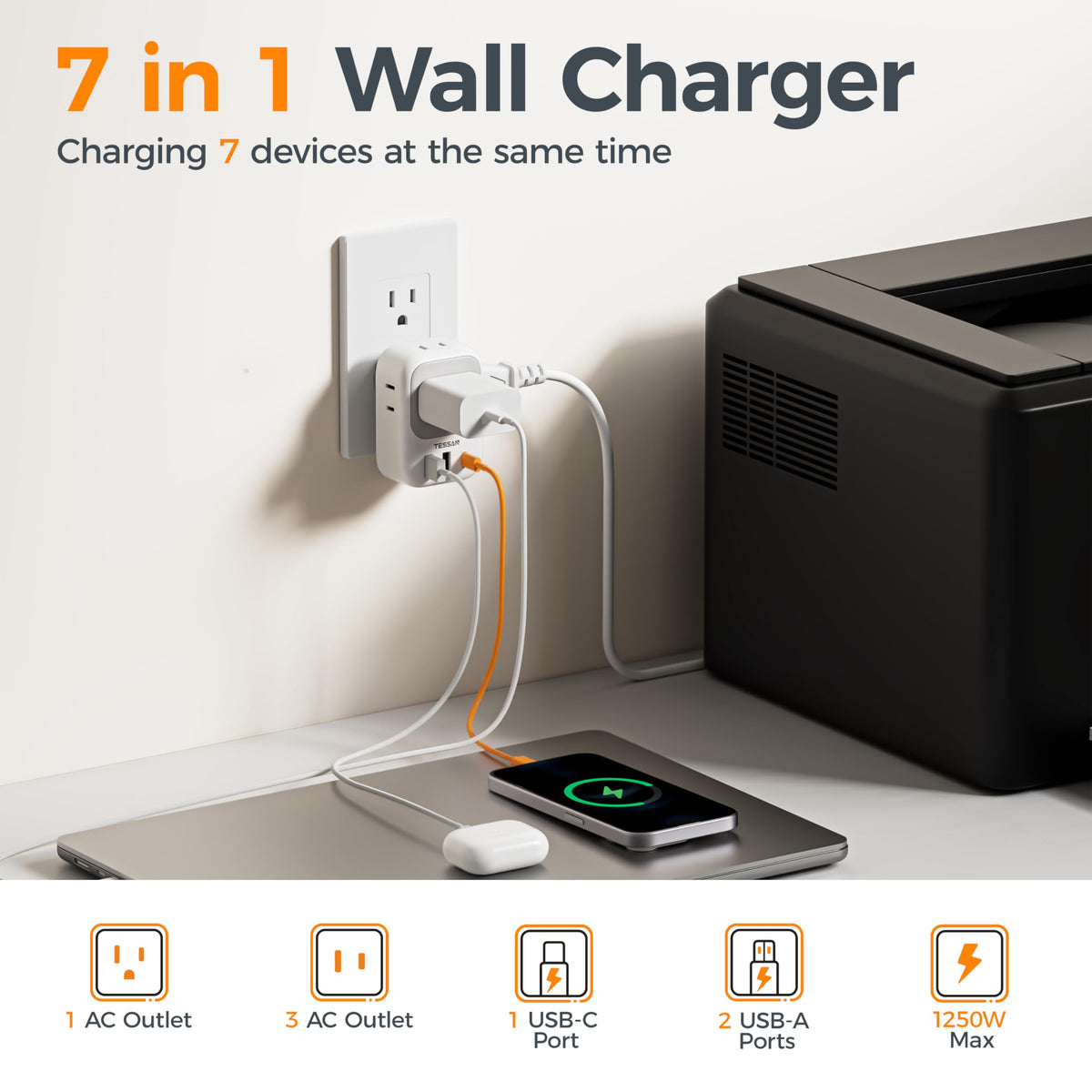 TESSAN 4-sided outlet extender fits large plugs without blocking nearby sockets.