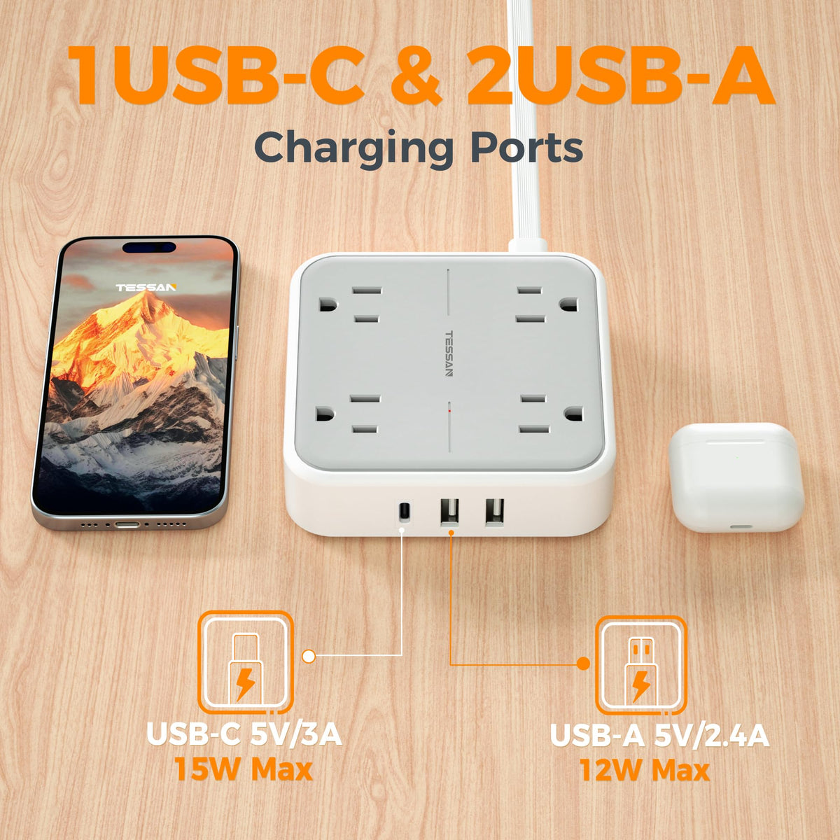 TESSAN 45-degree right-angle plug saves space behind furniture