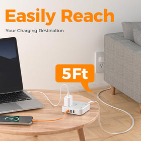 TESSAN 45-degree right-angle plug saves space and fits behind furniture.