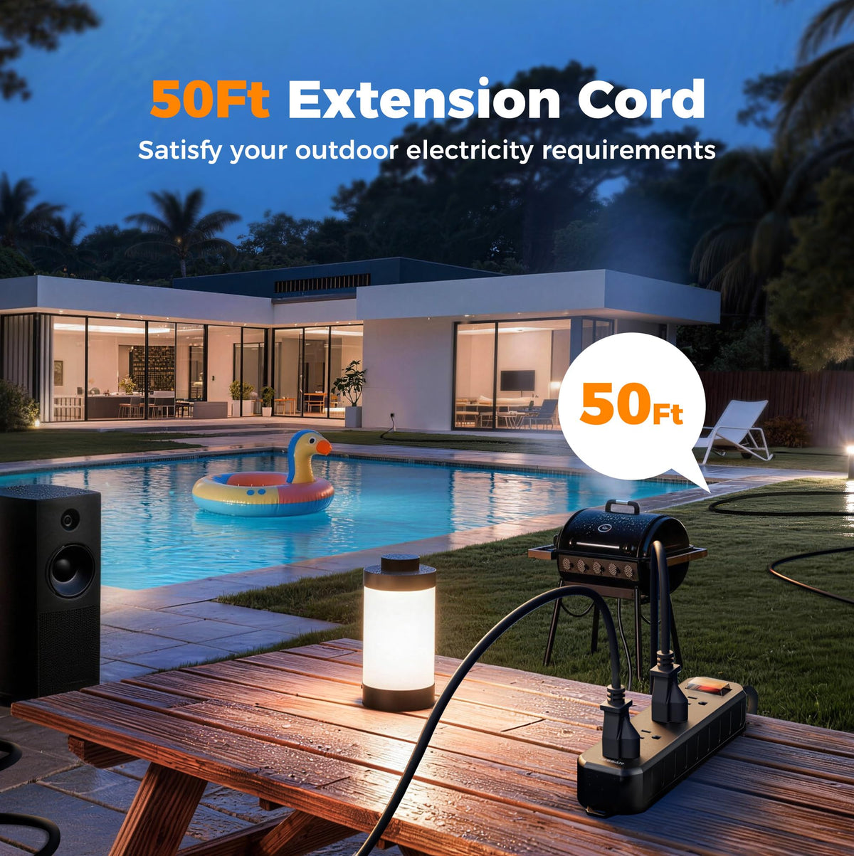TESSAN 50ft heavy-duty cord fully extended to reach distant power points outdoors