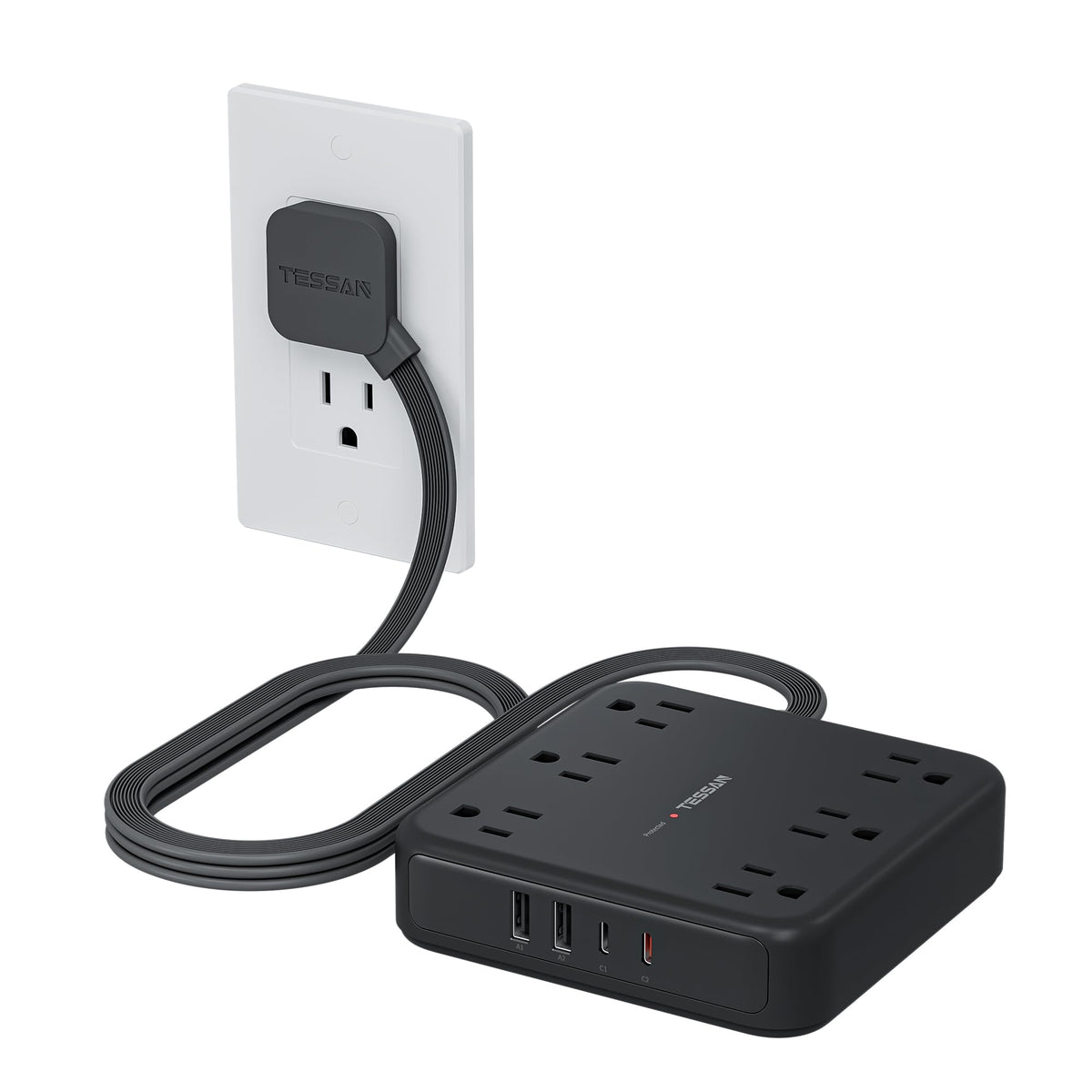 TESSAN 5ft extension cord with flat plug behind a couch for tidy setup.