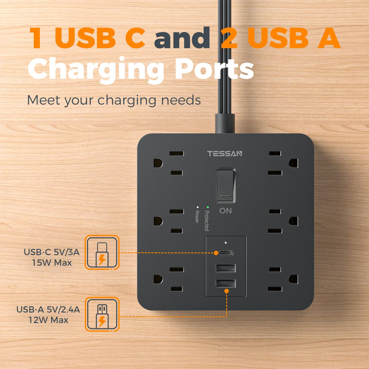 TESSAN desk setup benefits from organized outlets and hidden wiring