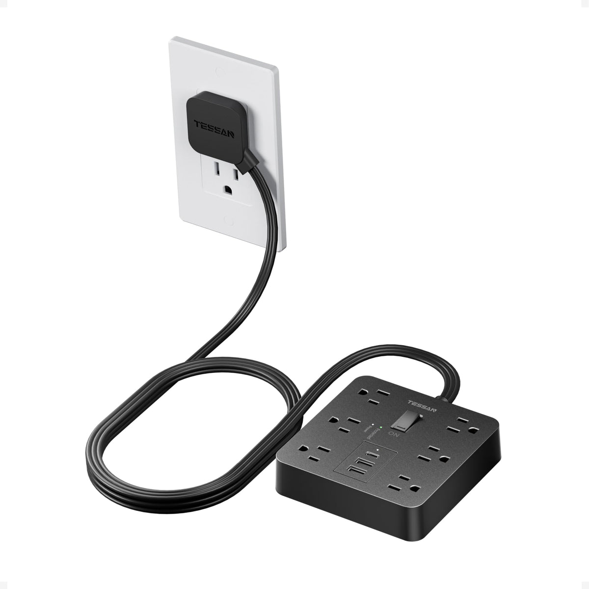 TESSAN 5ft flat extension cord front view with six outlets for organized charging