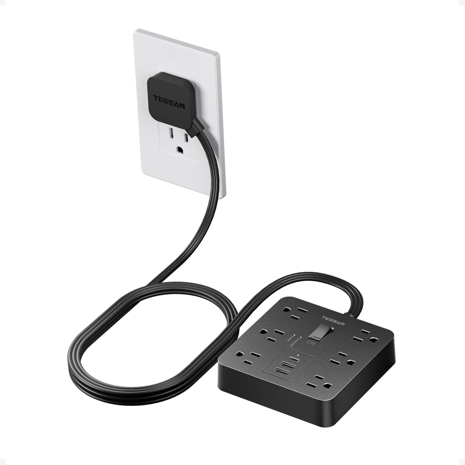 TESSAN 5ft flat extension cord front view with six outlets for organized charging
