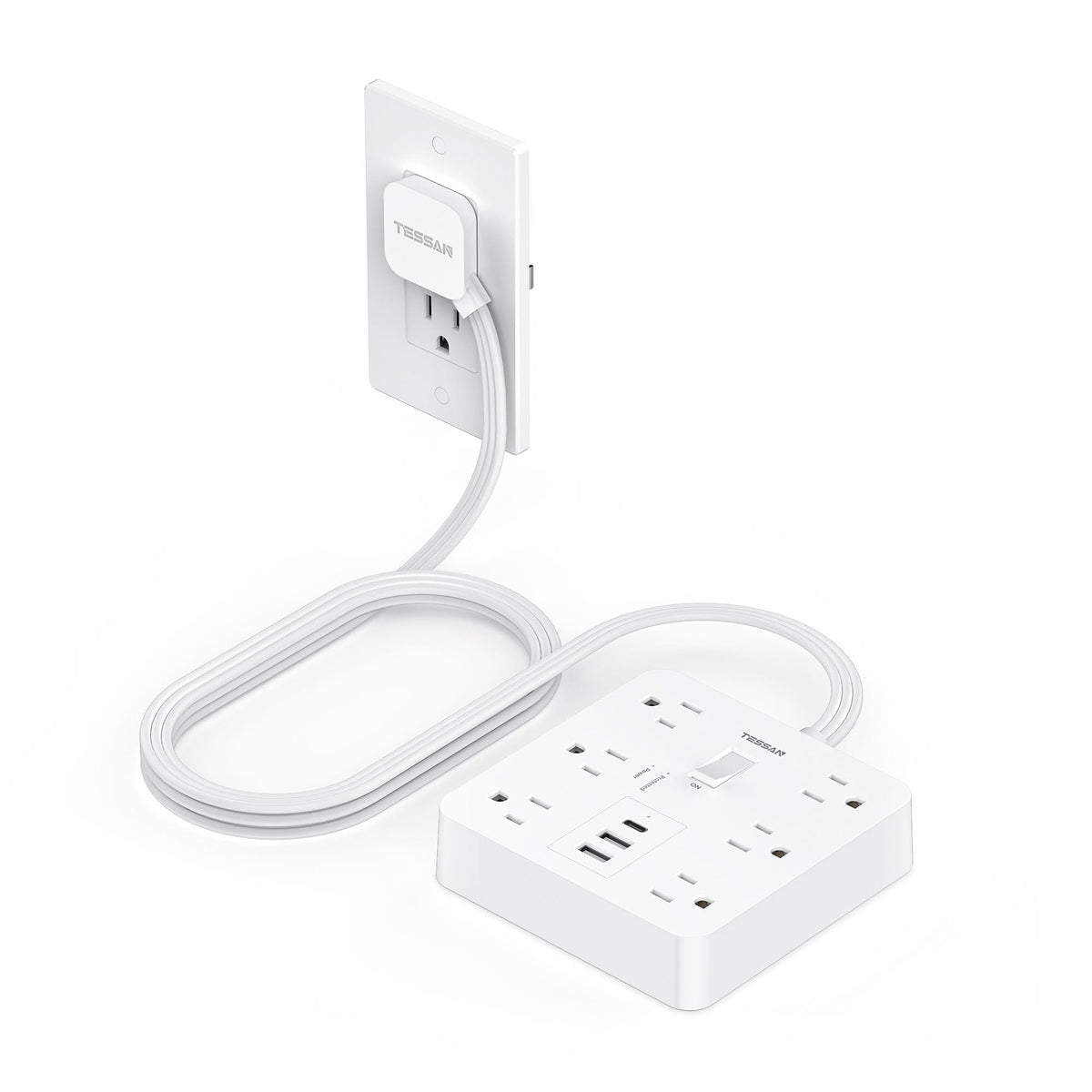 TESSAN 5ft white extension cord with flat plug for slim, discreet mounting.