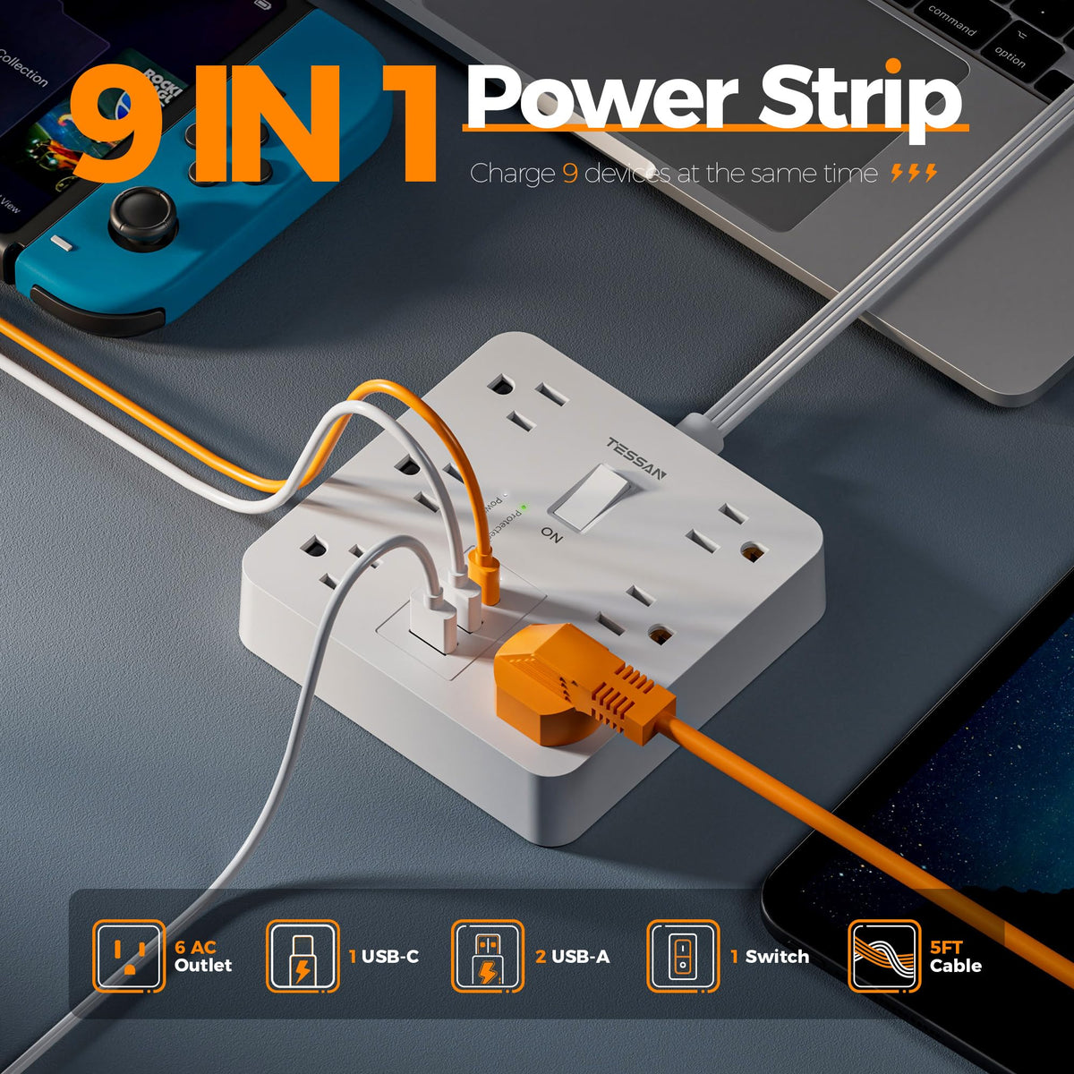TESSAN 6-outlet surge protector power strip keeps multiple devices organized.
