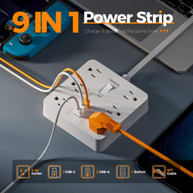 TESSAN 6-outlet surge protector power strip keeps multiple devices organized.
