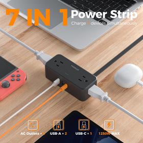 Close-up of USB-C port on TESSAN strip showing fast charging capability.