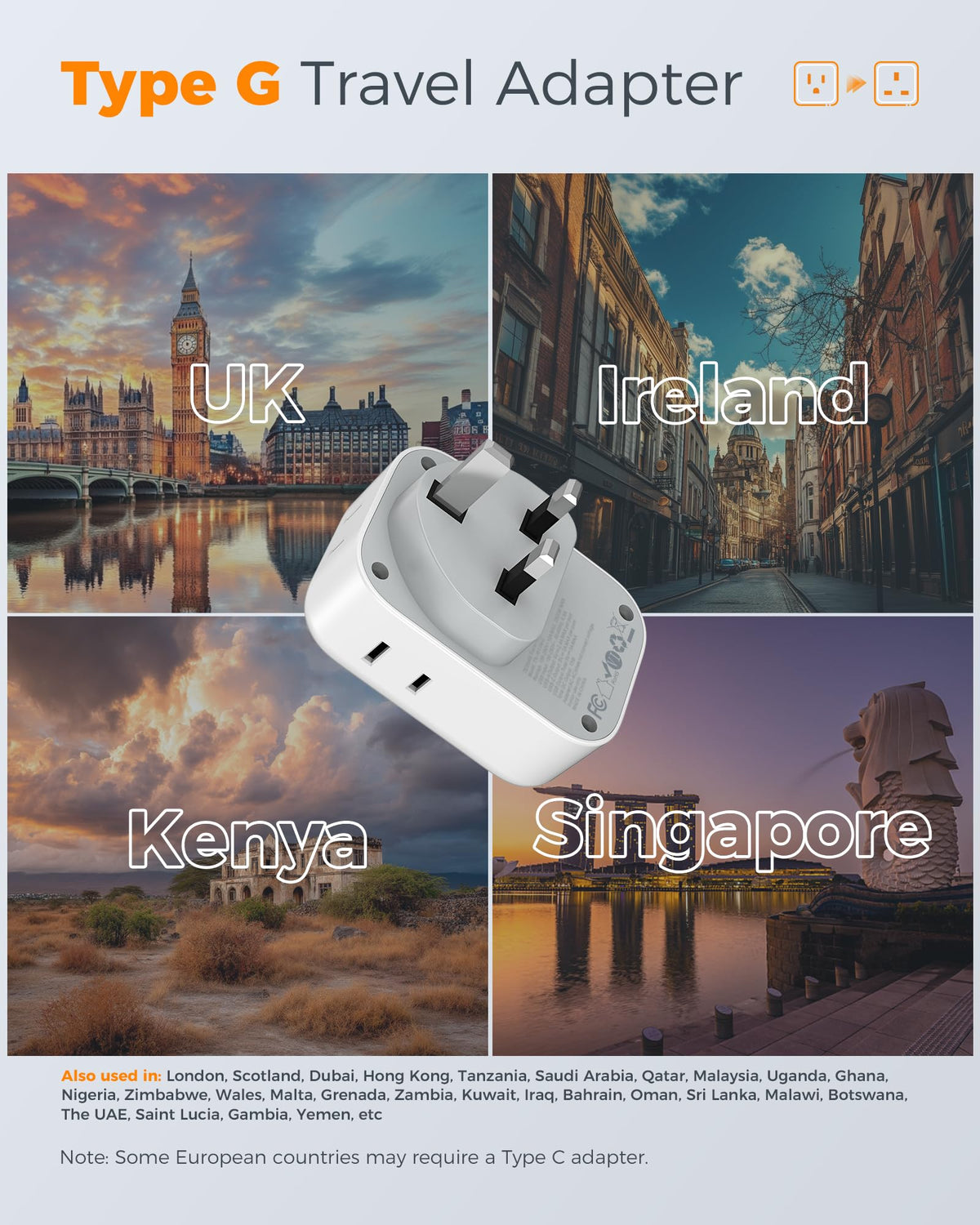 TESSAN 7-in-1 Type G travel converter ports visible for multiple devices