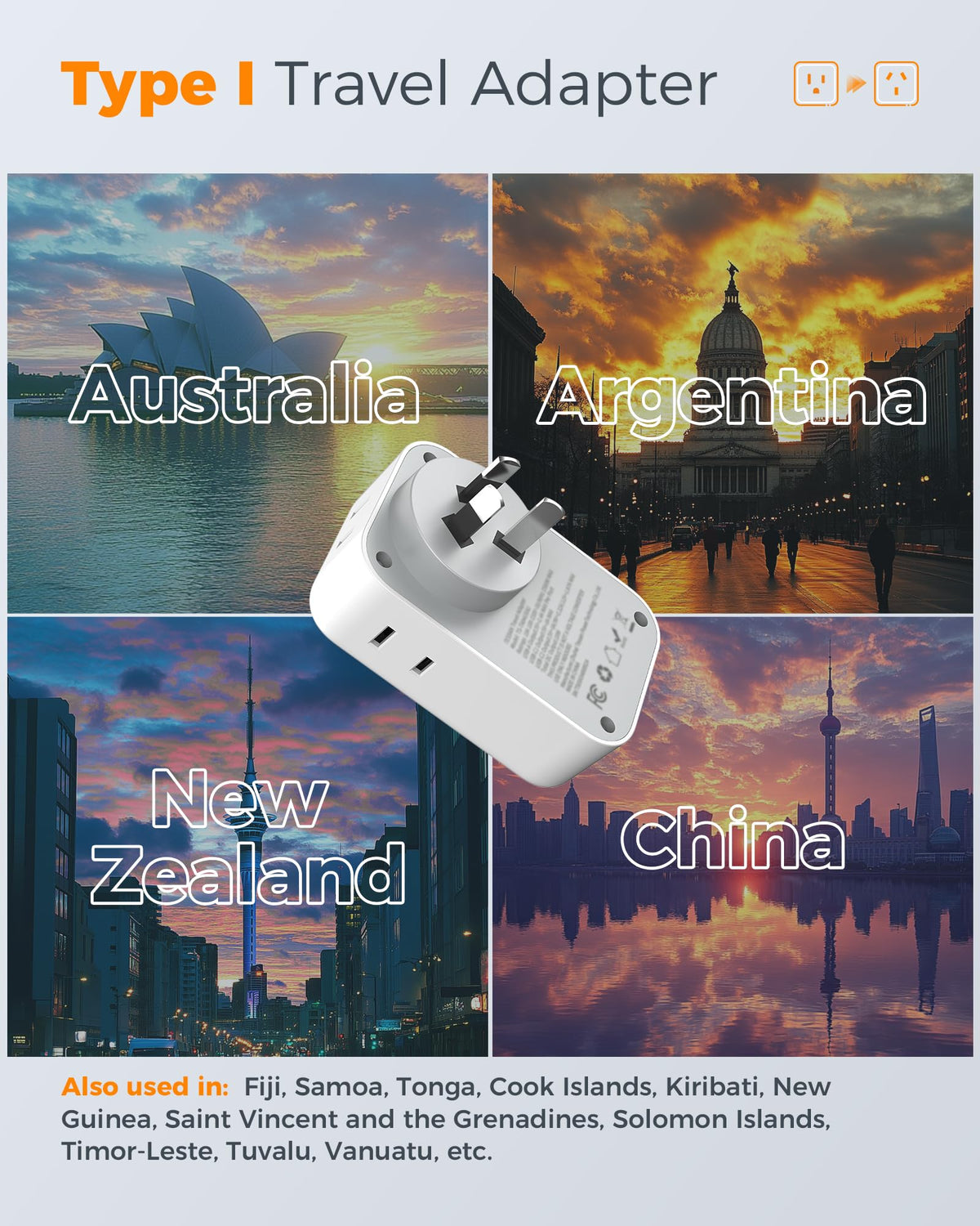 TESSAN 8-in-1 travel adapter enabling simultaneous charging of multiple devices.