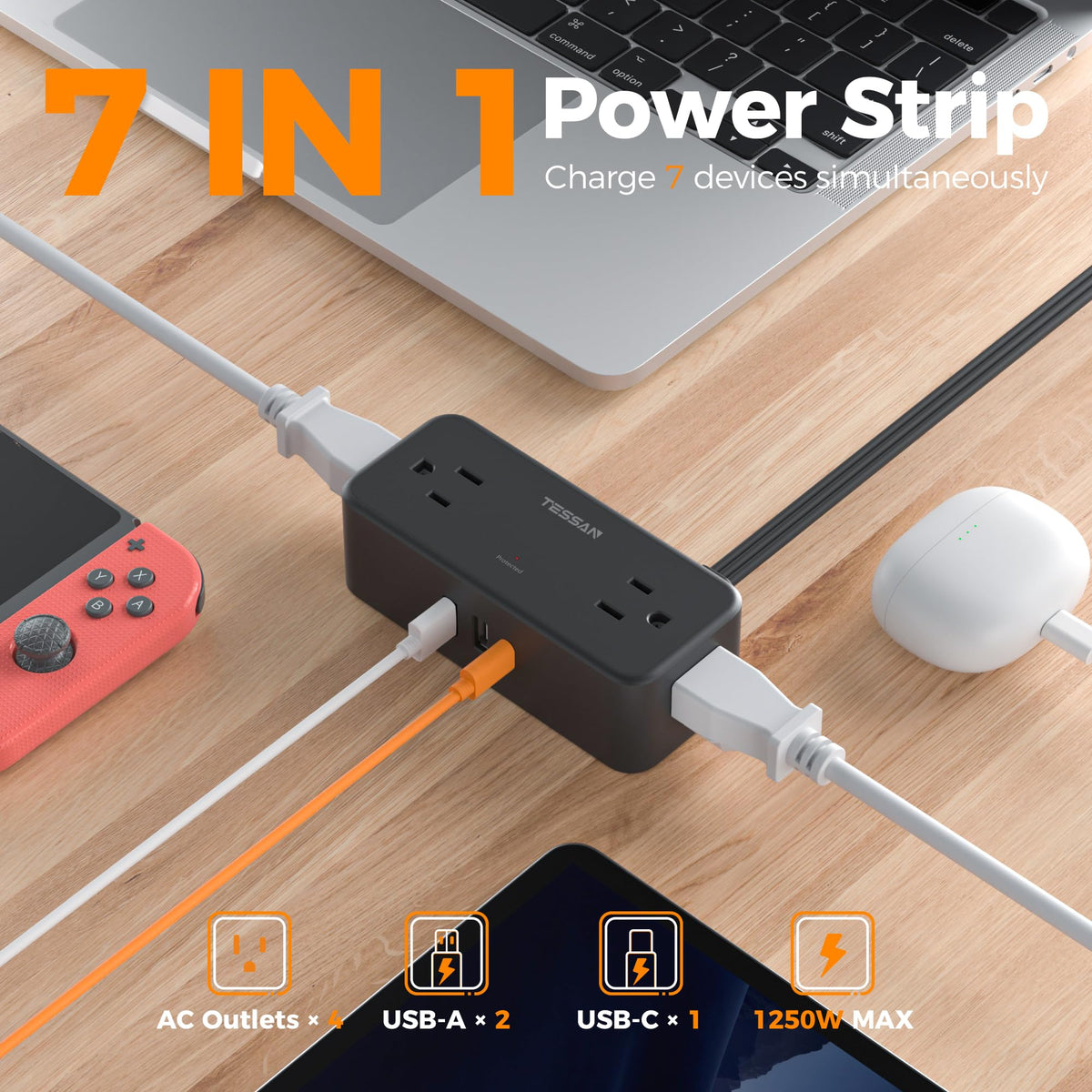 TESSAN 900J surge protector guards devices from power spikes.