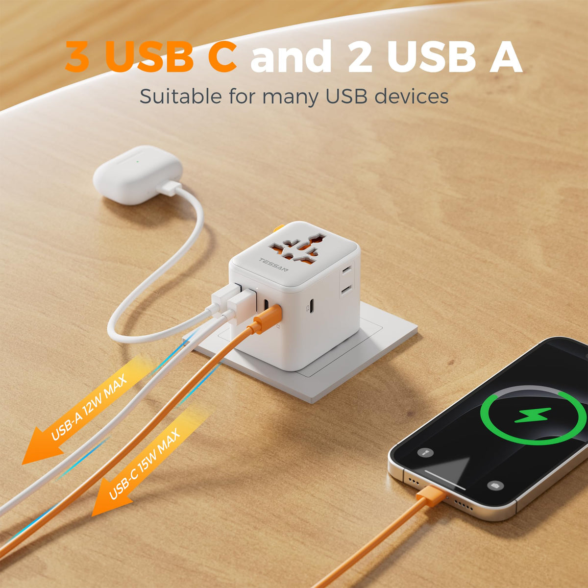 TESSAN adapter with plugs retracted compact design saves suitcase space and prevents damage