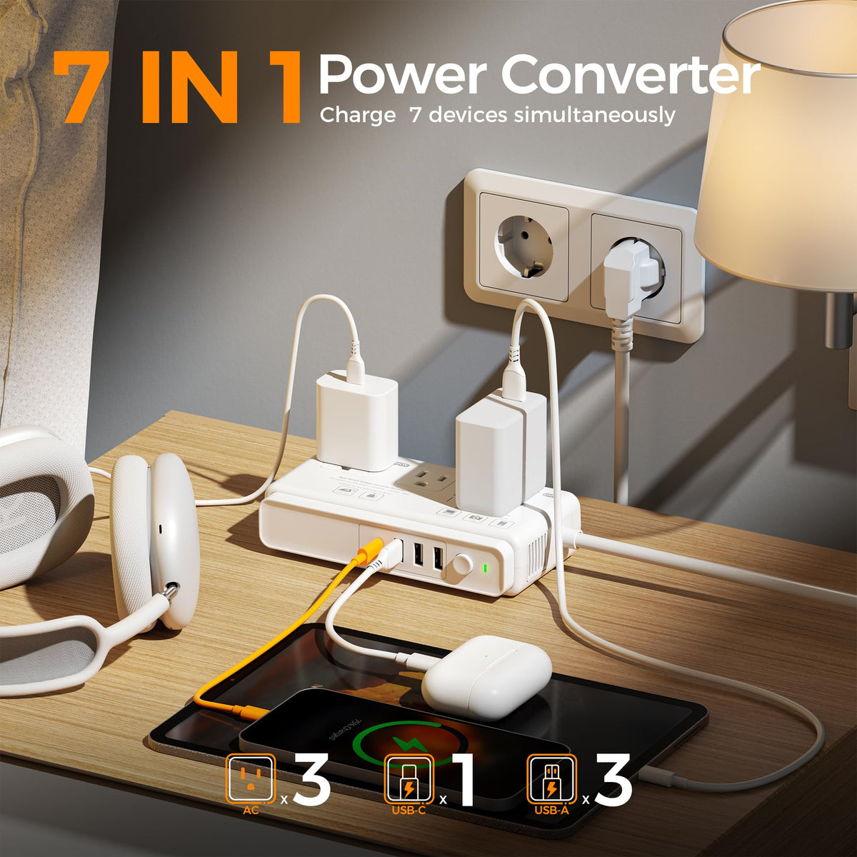 TESSAN closeup of AC outlets and USB ports enabling charging of multiple devices