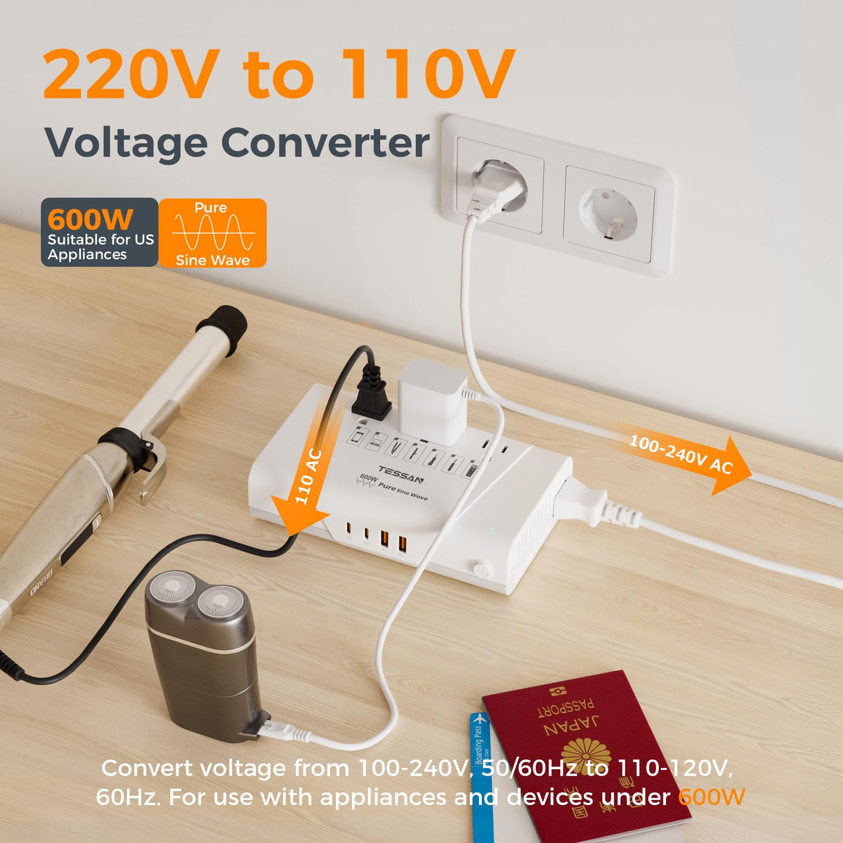 TESSAN close-up of three AC outlets, secure power for multiple devices